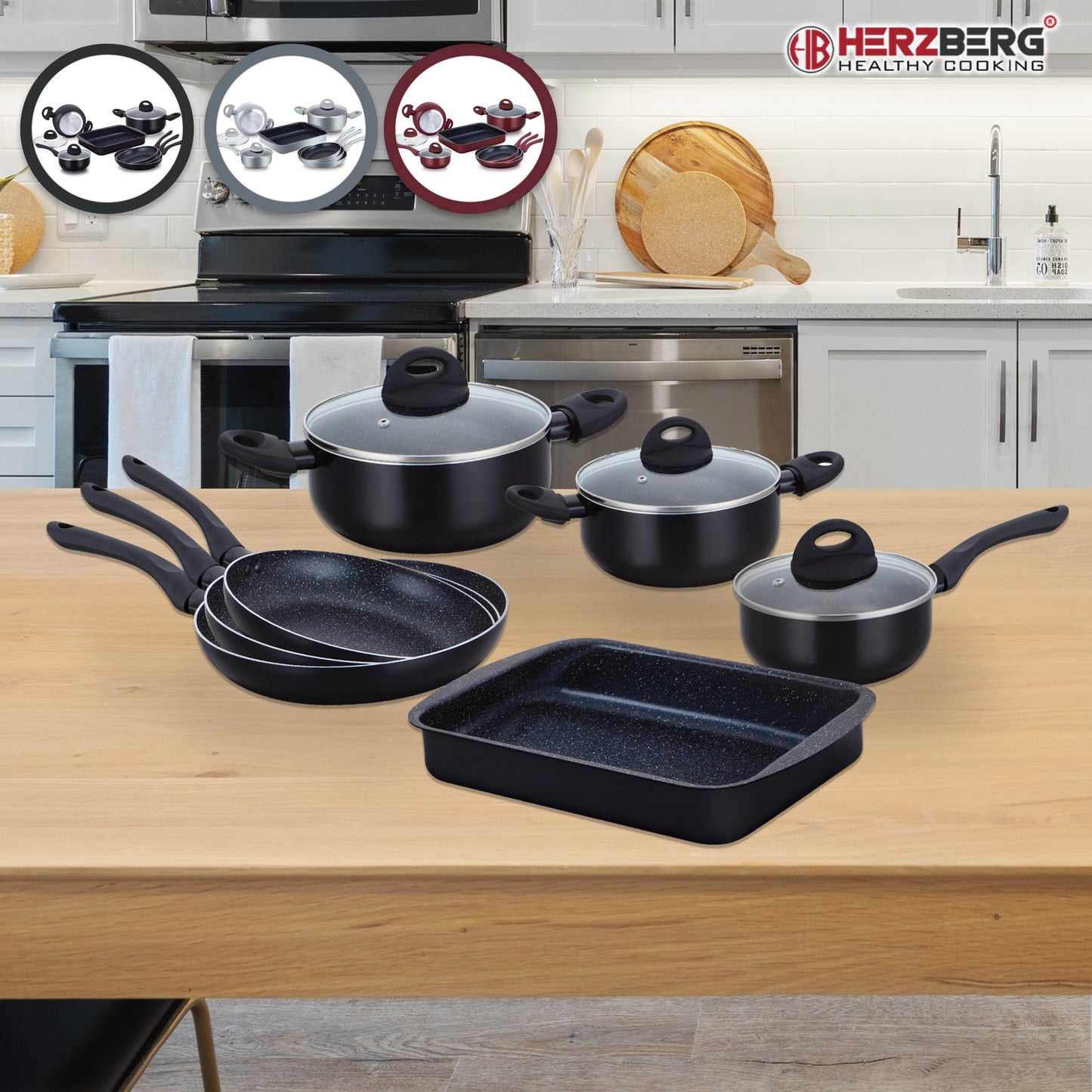 Herzberg Cooking Herzberg Stuks Marmer Gecoate Pannenset - Zilver