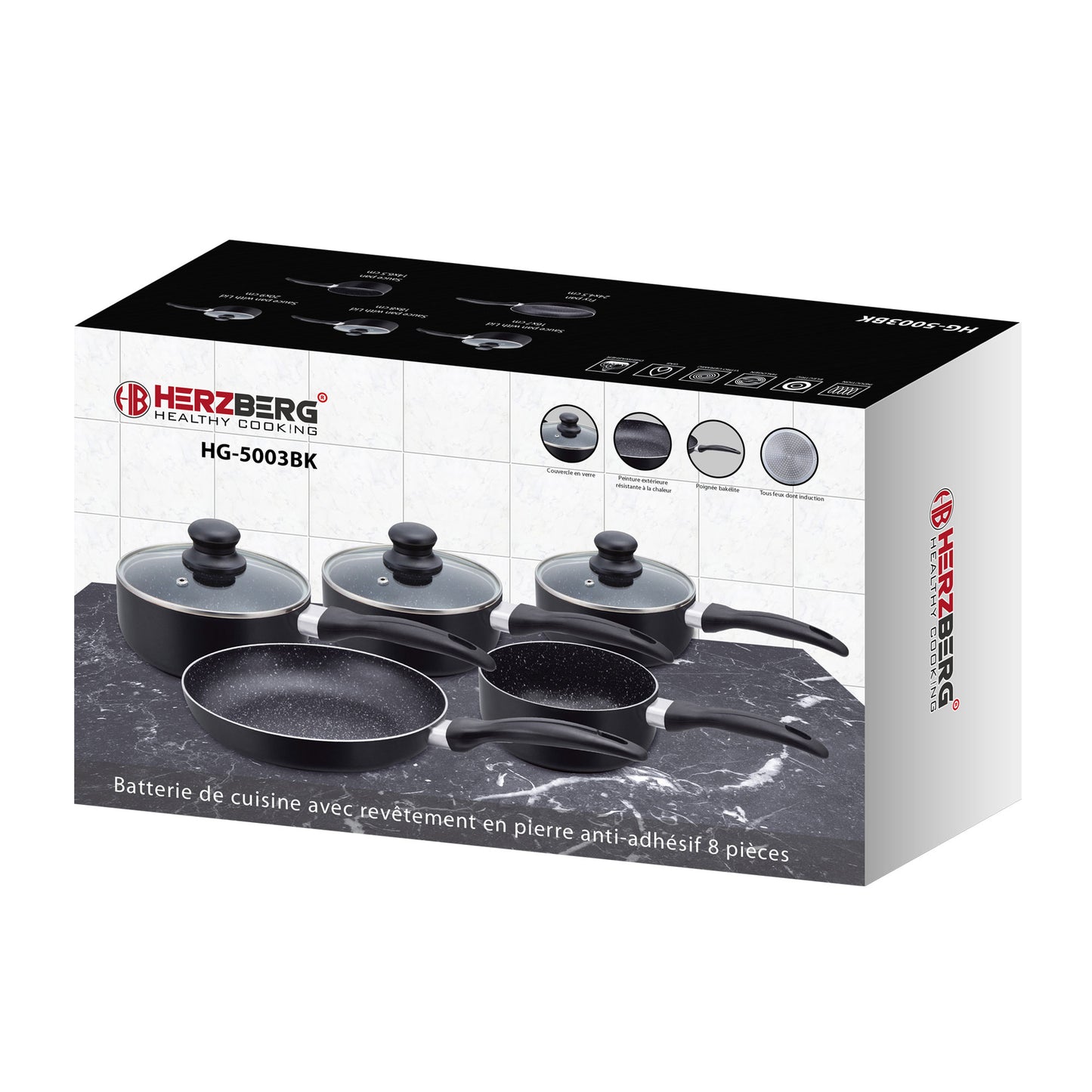 Herzberg Cooking Herzberg Hg-5003Bk: 8 Delige Marmeren Pannenset - Zwart