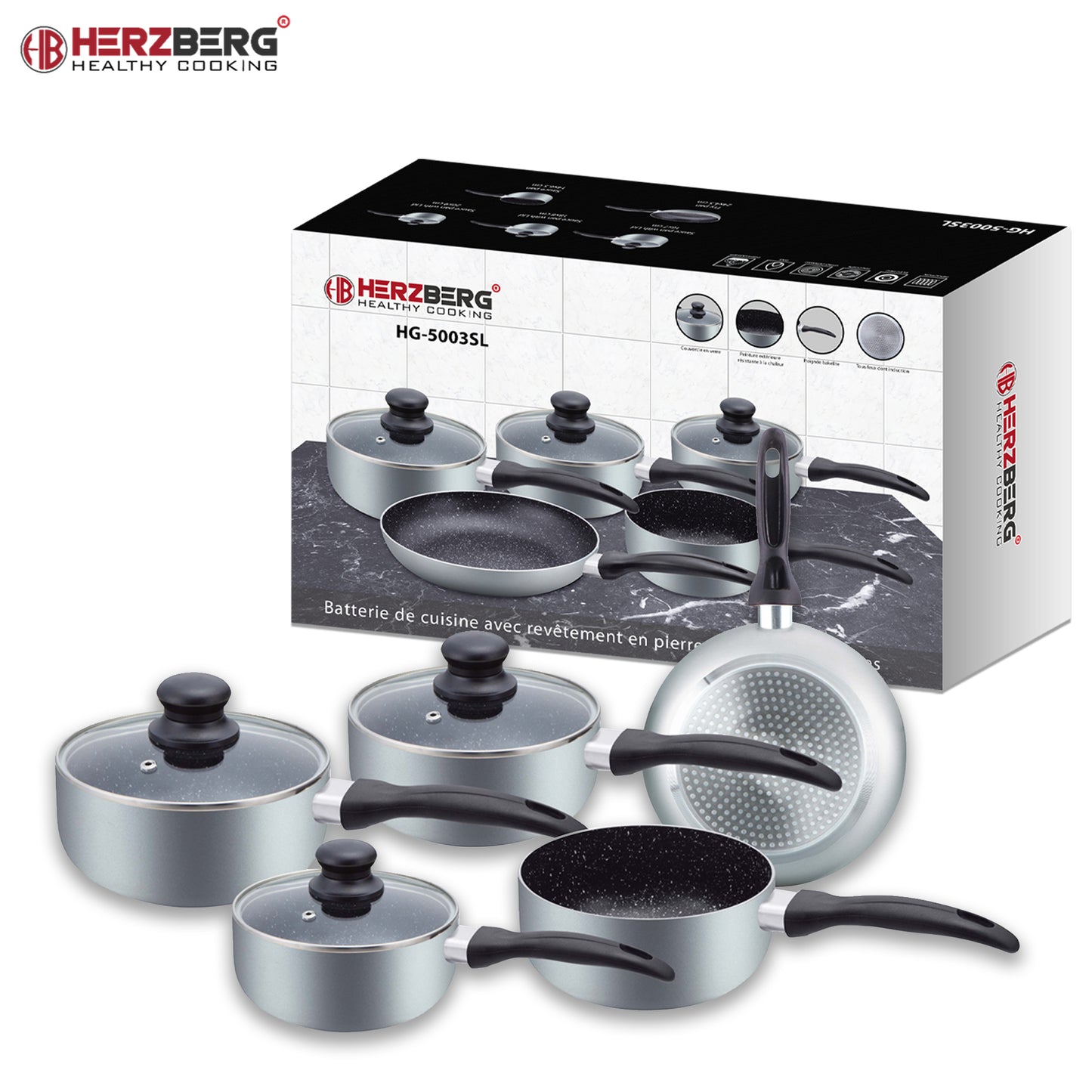 Herzberg Cooking Herzberg Hg-5003Sl: 8 Delige Marmeren Pannenset - Zilver