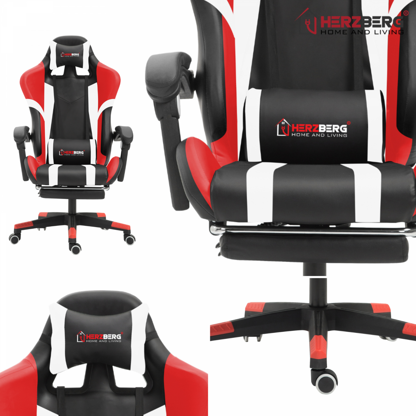 Herzberg Home & Living Herzberg Hg-8083: Driekleurige Gaming- En Bureaustoel Met Lineair Accent Rood