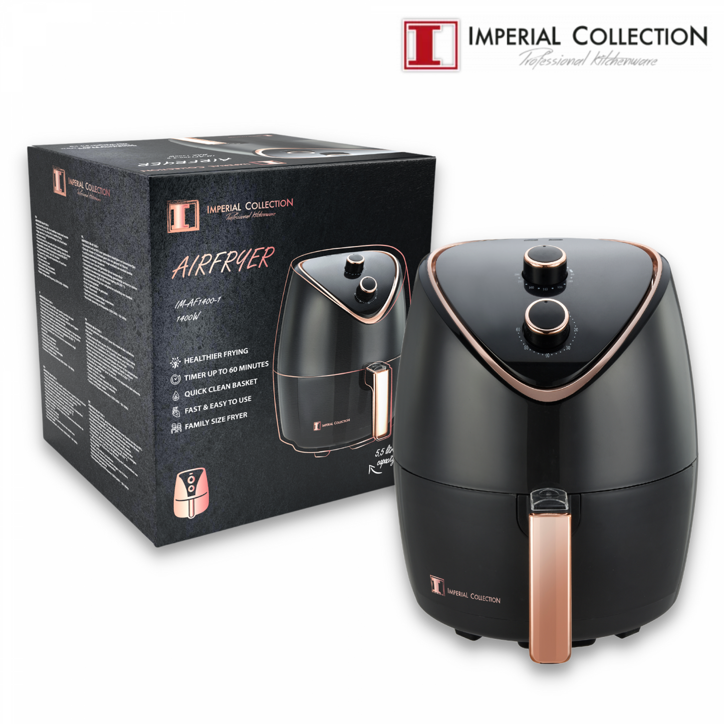 Imperial Collection 1400W Family Size Air Fryer Zonder Olie Met Handmatige Draaiknop