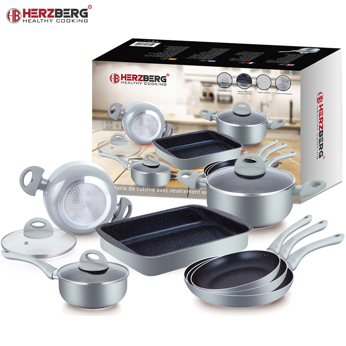 Herzberg Cooking Herzberg Stuks Marmer Gecoate Pannenset - Zilver