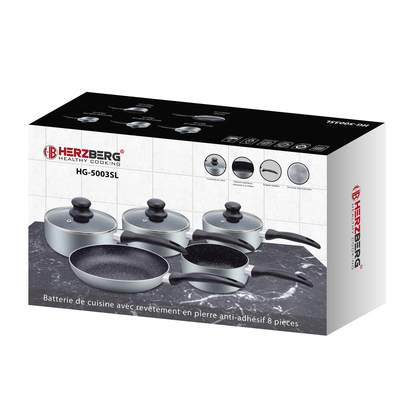 Herzberg Cooking Herzberg Hg-5003Sl: 8 Delige Marmeren Pannenset - Zilver